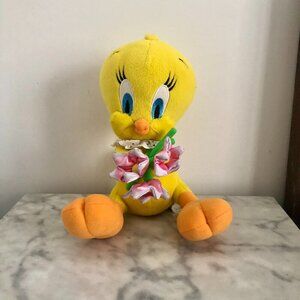 RARE Vtg Tweety Bird Plush Flowers Lace Collar Looney Tunes 11" Easter Spring